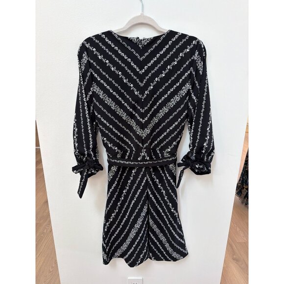 CeCe Black & White Floral Stripe V-Neck Long Sleeve Belted Dress Size 10 Polyest - Picture 5 of 6